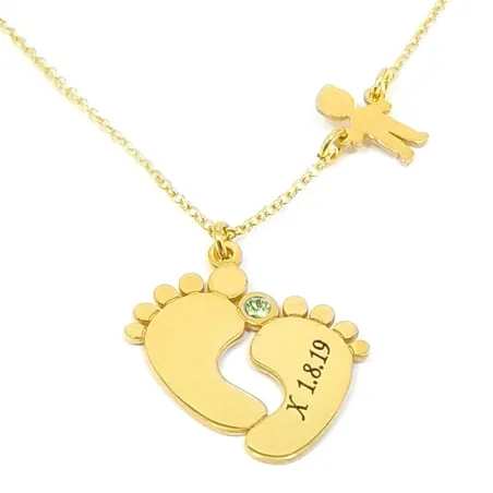Gold plated sterling silver baby feet necklace with monogram, date and swarovski birthstone