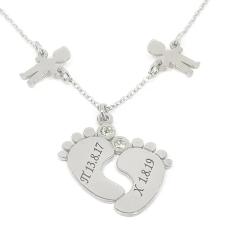 Sterling silver baby feet necklace with monogram, date and swarovski birthstone