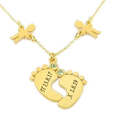 Gold plated sterling silver baby feet necklace with monogram, date and swarovski birthstone