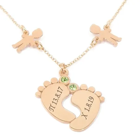 Rose gold plated sterling silver baby feet necklace with monogram, date and swarovski birthstone