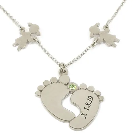 Sterling silver baby feet necklace with monogram, date and swarovski birthstone