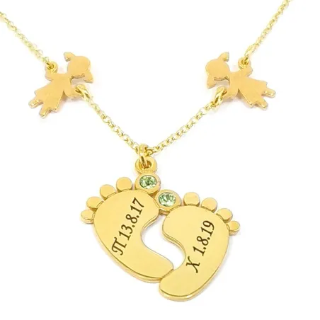 Gold plated sterling silver baby feet necklace with monogram, date and swarovski birthstone
