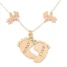 Rose gold plated sterling silver baby feet necklace with monogram, date and swarovski birthstone