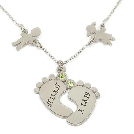 Sterling silver baby feet necklace with monogram, date and swarovski birthstone