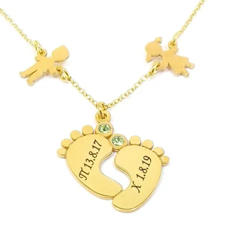 Gold plated sterling silver baby feet necklace with monogram, date and swarovski birthstone