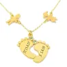 Gold plated sterling silver baby feet necklace with monogram, date and swarovski birthstone