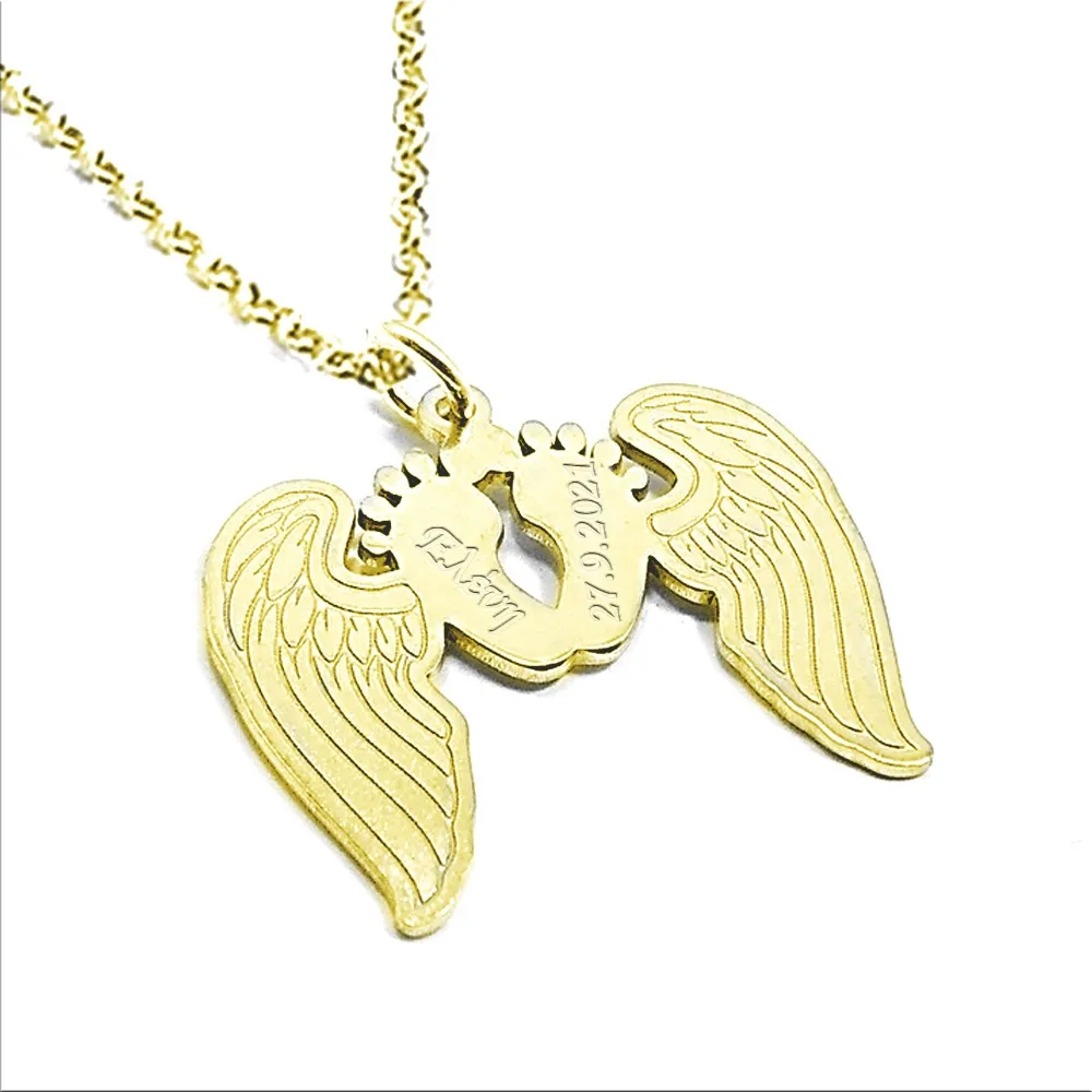 Gold plated silver necklace - Baby Feet with angel wings and dates or names Gold plated silver necklace - Baby Feet with angel wings and dates or names