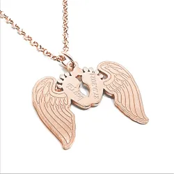 Rose gold plated silver necklace - Baby Feet with angel wings and dates or names