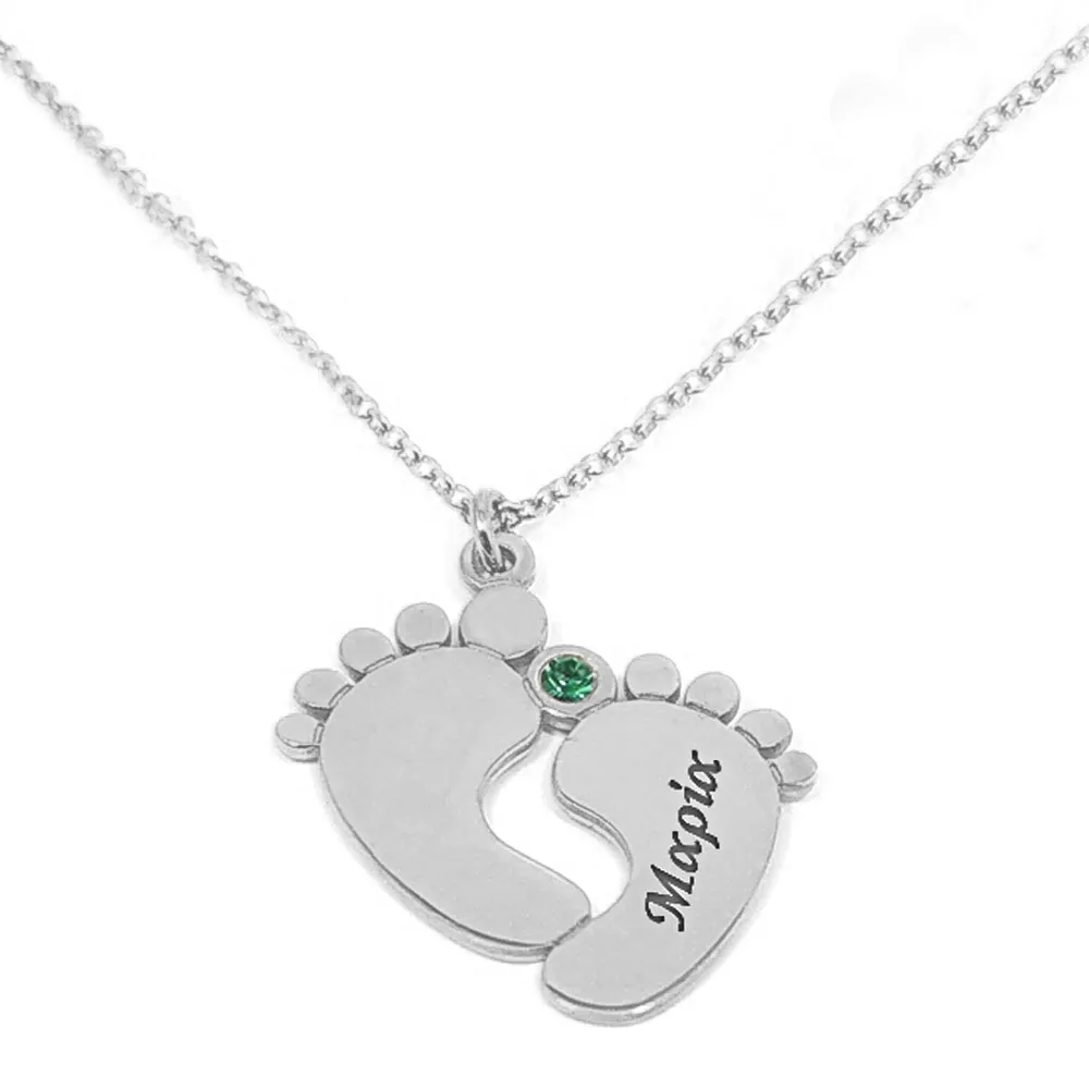 Platinum plated silver baby feet necklace with name and swarovski Platinum plated silver baby feet necklace with name and swarovski