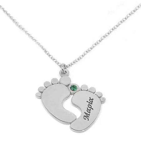 Platinum plated silver baby feet necklace with name and swarovski