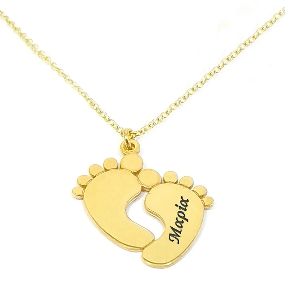 Gold plated silver baby feet necklace with name - date Gold plated silver baby feet necklace with name - date