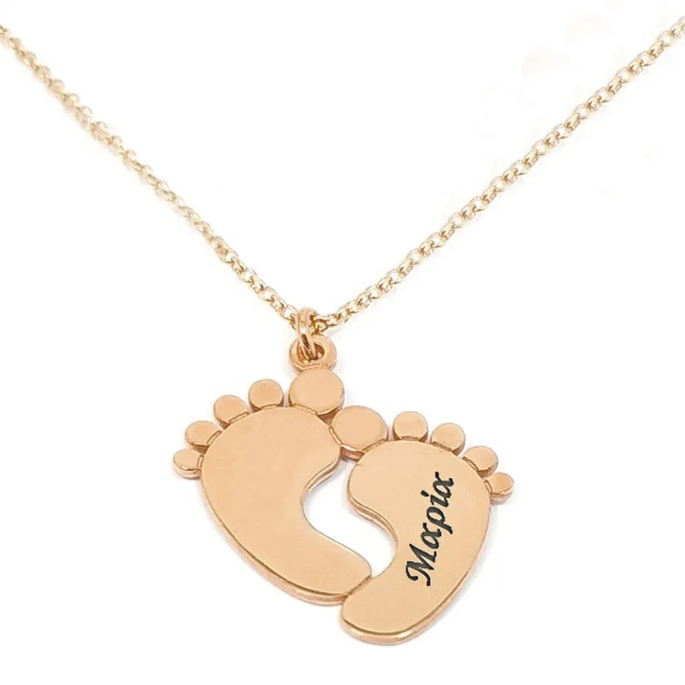 Rose gold plated silver baby feet necklace with name - date Rose gold plated silver baby feet necklace with name - date