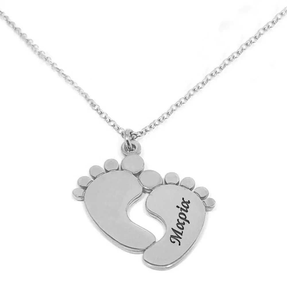 Platinum gold plated silver baby feet necklace with name - date Platinum gold plated silver baby feet necklace with name - date