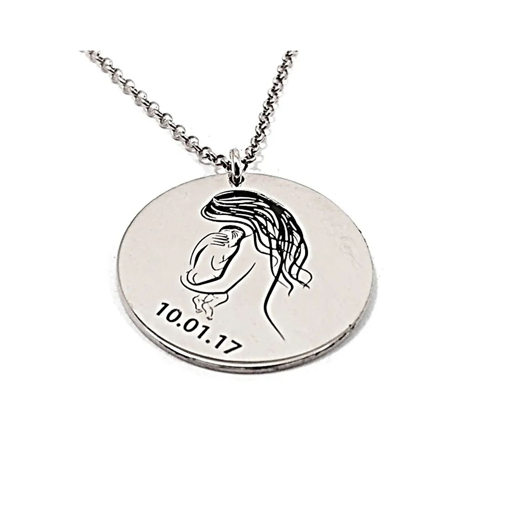 Platinum plated silver necklace with a mommy holding baby in her arms and engraved date
