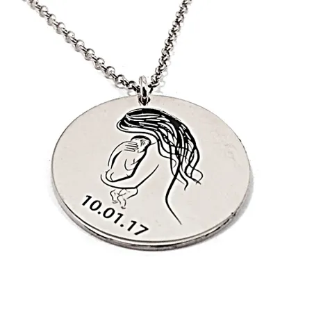 Platinum plated silver necklace with a mommy holding baby in her arms and engraved date