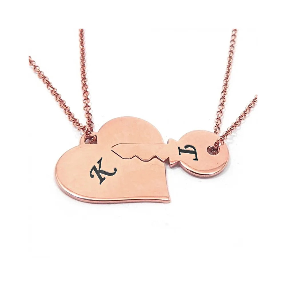 Set of 2 necklaces with heart  - with key in rose gold plated sterling silver Set of 2 necklaces with heart  - with key in rose gold plated sterling silver