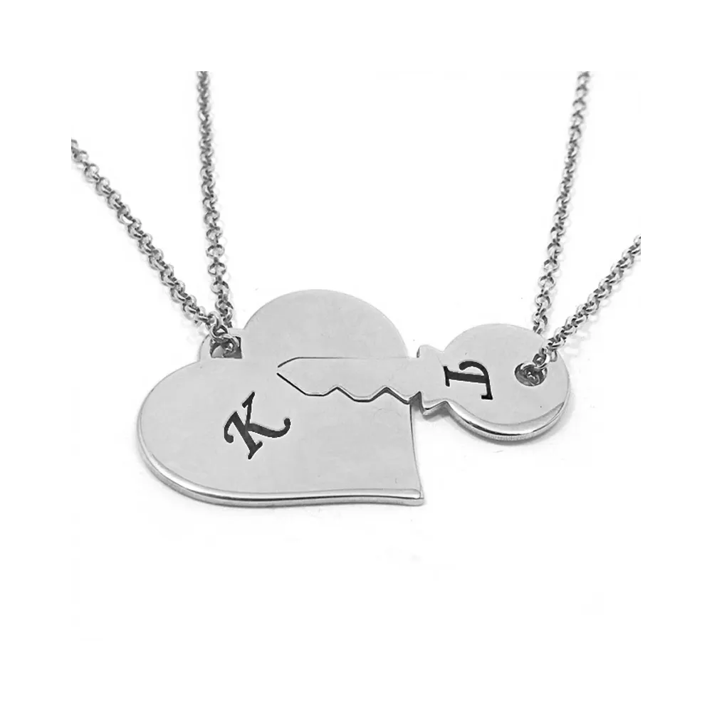 Set of 2 necklaces with heart  - with key in platinum plated sterling silver Set of 2 necklaces with heart  - with key in platinum plated sterling silver