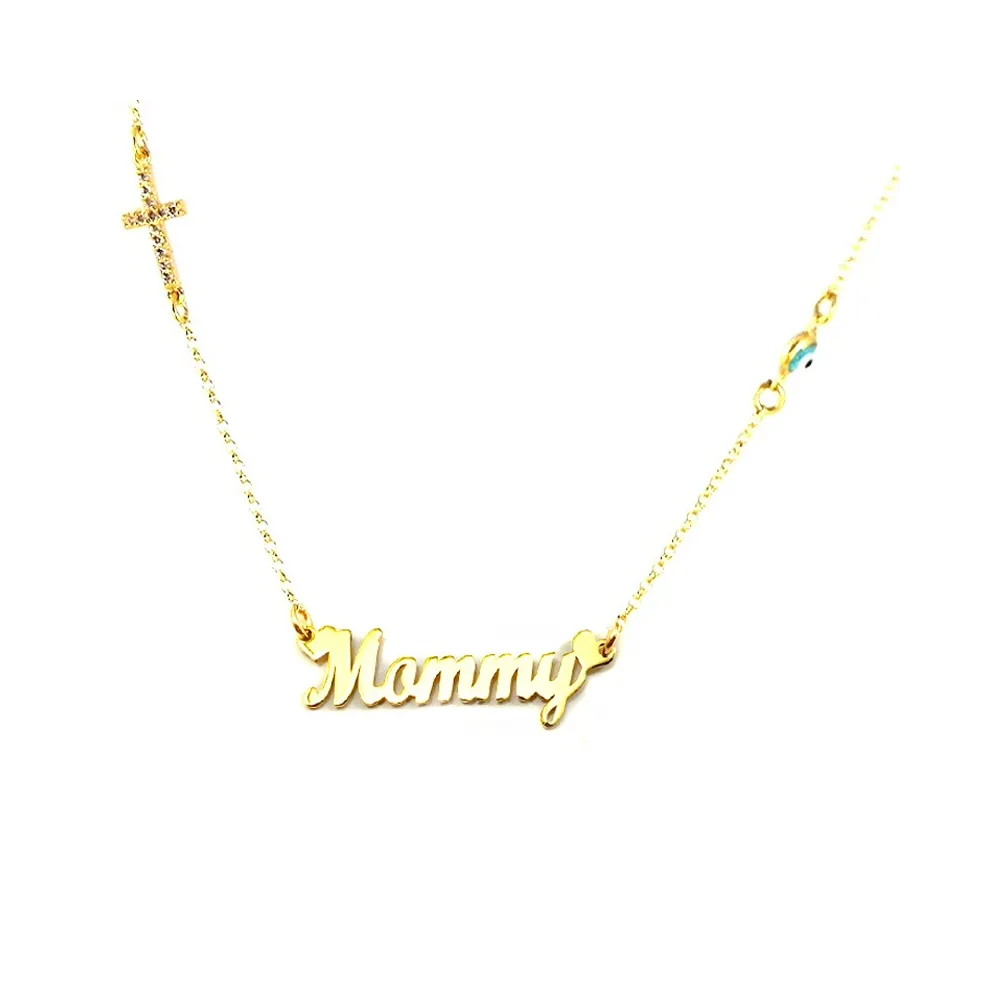 Ασημένιο επιχρυσωμένο κολιέ mοmmy με σταυρό με στρας και ματάκι