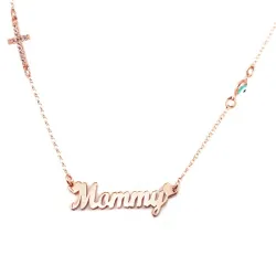 Silver rose gold plated necklace with the word mommy, rhinestone cross and evil eye