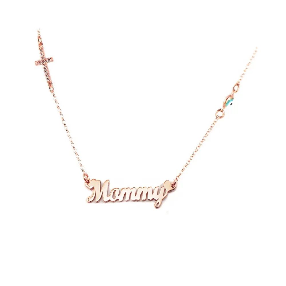 Silver rose gold plated necklace with the word mommy, rhinestone cross and evil eye Silver rose gold plated necklace with the word mommy, rhinestone cross and evil eye