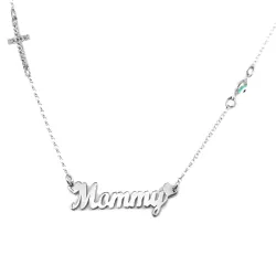 Silver platinum plated necklace with the word mommy, rhinestone cross and evil eye