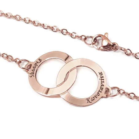 Silver rose gold plated ιnterlocking rings bracelet, stainless steel chain