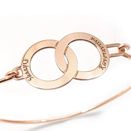 Silver rose gold plated ιnterlocking rings bangle bracelet