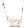 Silver rose gold plated necklace with 2 names, rhinestone cross and evil eye and silver chain