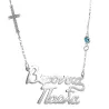 Silver platinum plated necklace with 2 names, rhinestone cross and evil eye and silver chain