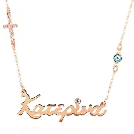 Silver rose gold plated necklace with your name, rhinestone cross and evil eye