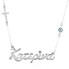 Silver platinum plated necklace with your name, rhinestone cross and evil eye
