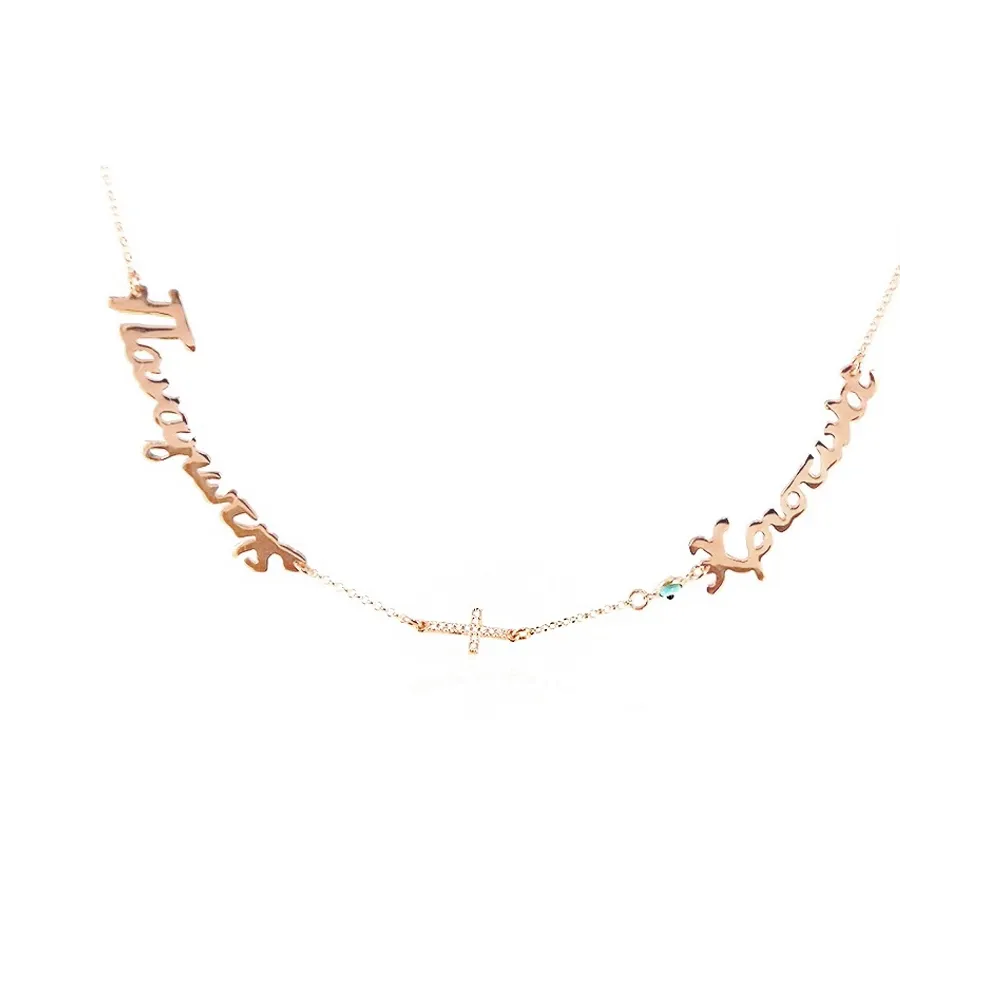Silver rose gold plated necklace with 2 names, rhinestone cross and evil eye