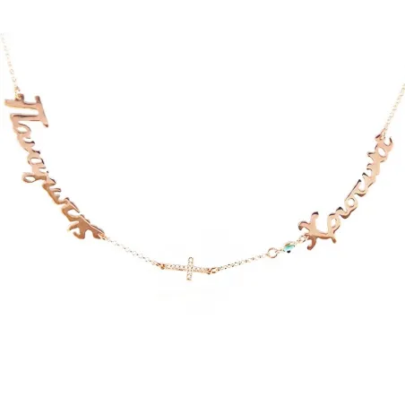 Silver rose gold plated necklace with 2 names, rhinestone cross and evil eye