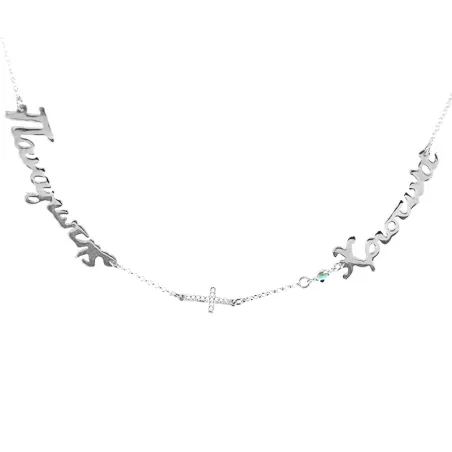 Silver platinum plated necklace with 2 names, rhinestone cross and evil eye