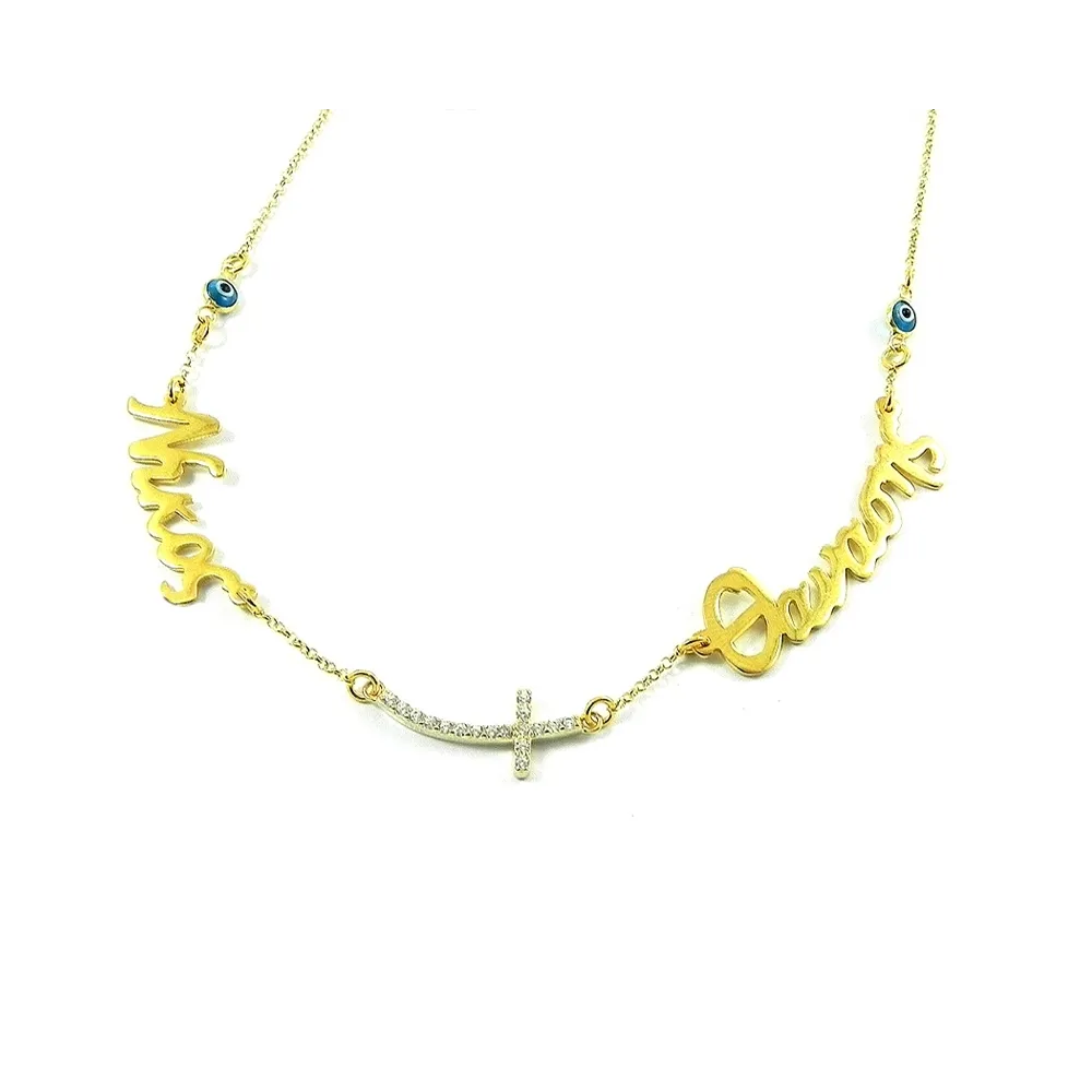 Silver gold plated necklace with 2 names, big curved rhinestone cross and evil eye