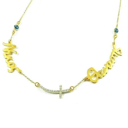 Silver gold plated necklace with 2 names, big curved rhinestone cross and evil eye