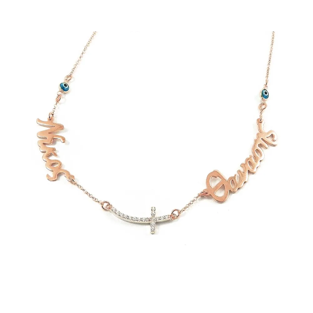 Silver rose gold plated necklace with 2 names, big curved rhinestone cross and evil eye