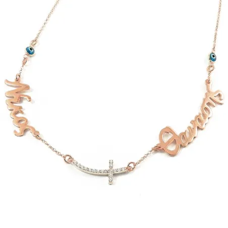 Silver rose gold plated necklace with 2 names, big curved rhinestone cross and evil eye