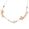 Silver rose gold plated necklace with 2 names, big curved rhinestone cross and evil eye