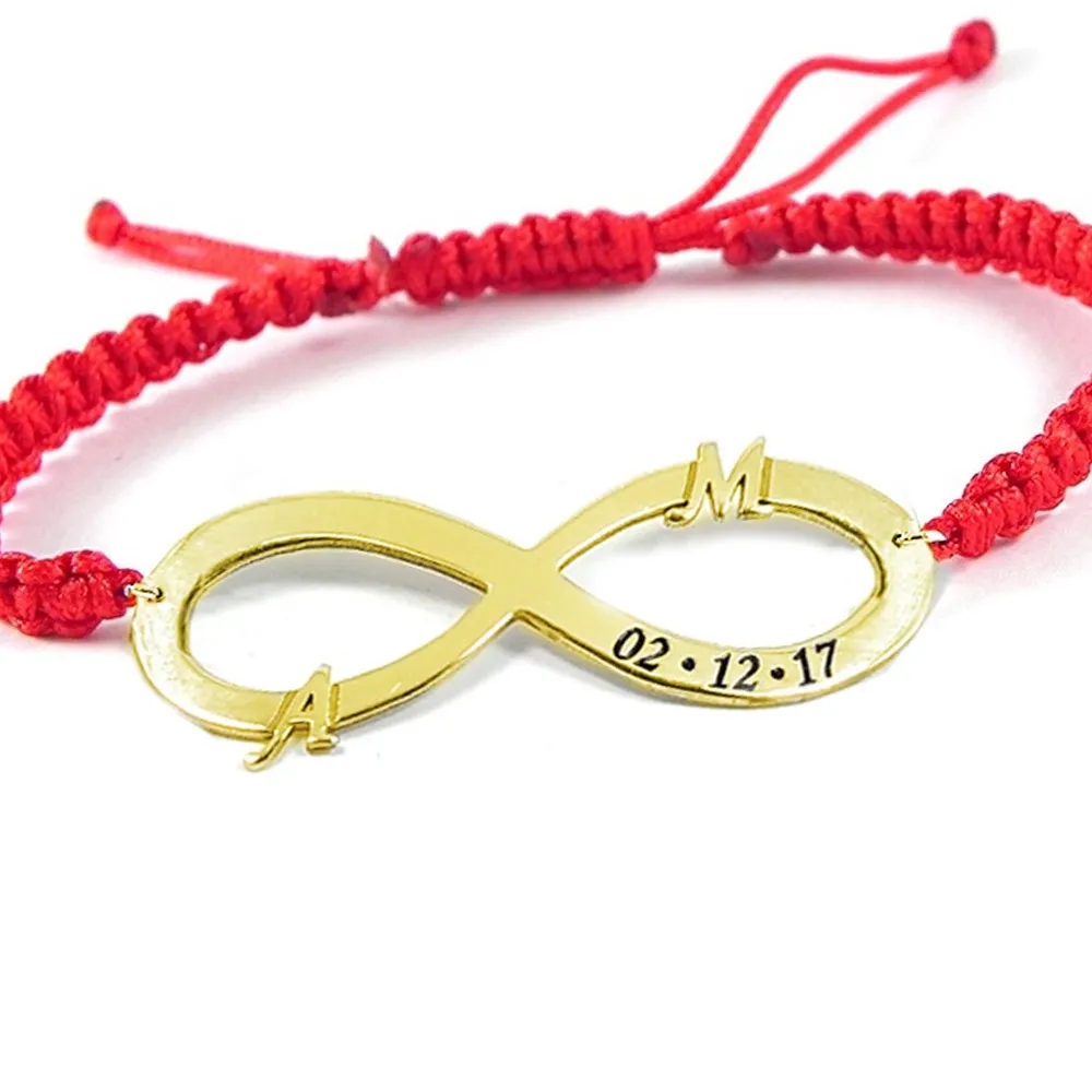 Silver gold plated infinity bracelet with monograms and date and red macrame cord