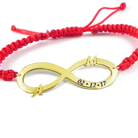 Silver gold plated infinity bracelet with monograms and date and red macrame cord