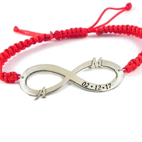 Silver platinum plated infinity bracelet with monograms and date and red macrame cord