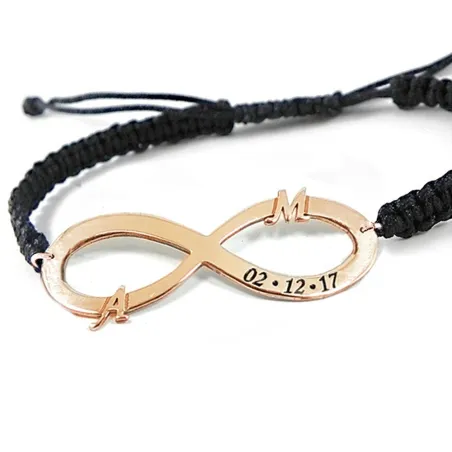 Silver rose gold plated infinity bracelet with monograms and date and black macrame cord