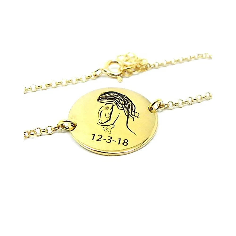 Silver gold plated bracelet with a mommy holding baby and engraved date