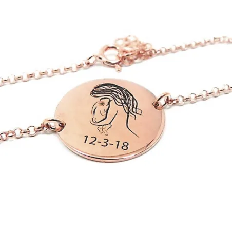 Silver rose gold plated bracelet with a mommy holding baby and engraved date