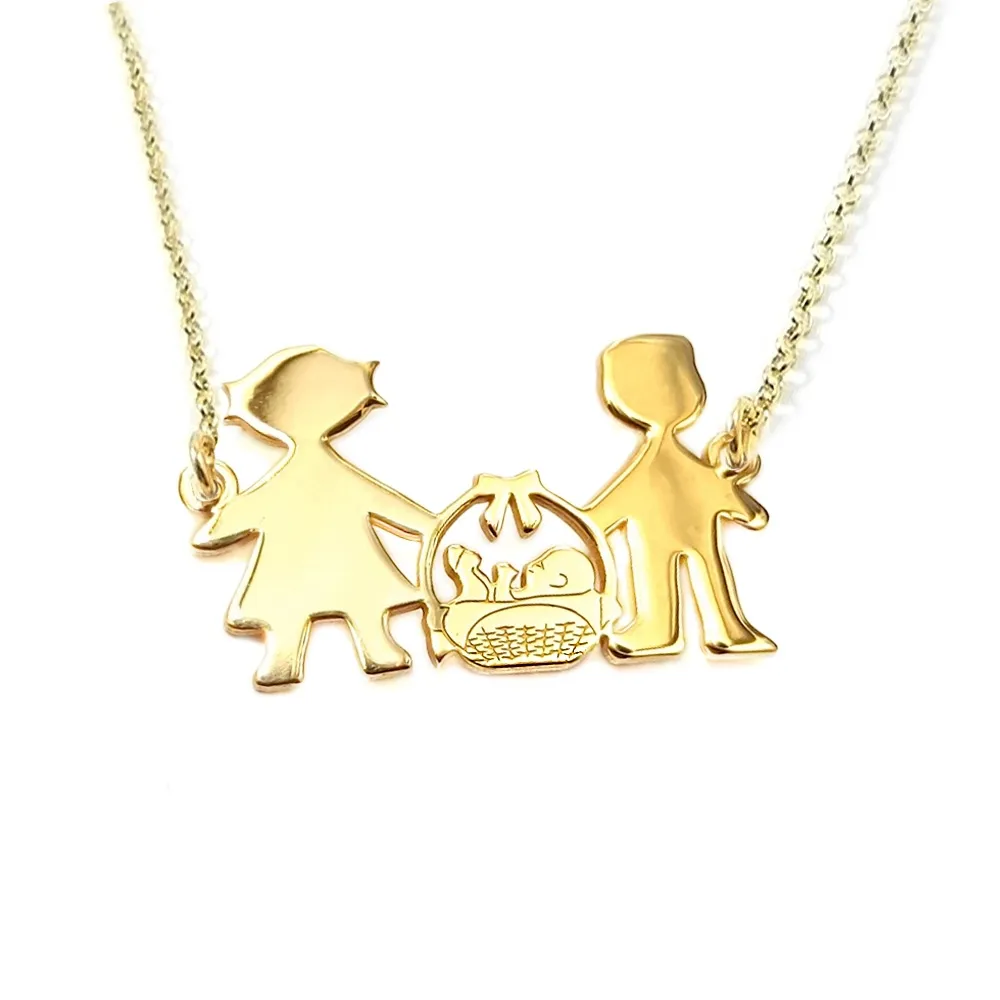 Silver gold plated family necklace, new parents with a baby in a basket