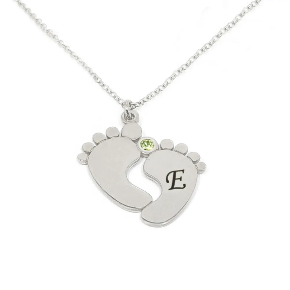 Baby feet silver necklace with monogram and swarovski, platinum plated Baby feet silver necklace with monogram and swarovski, platinum plated