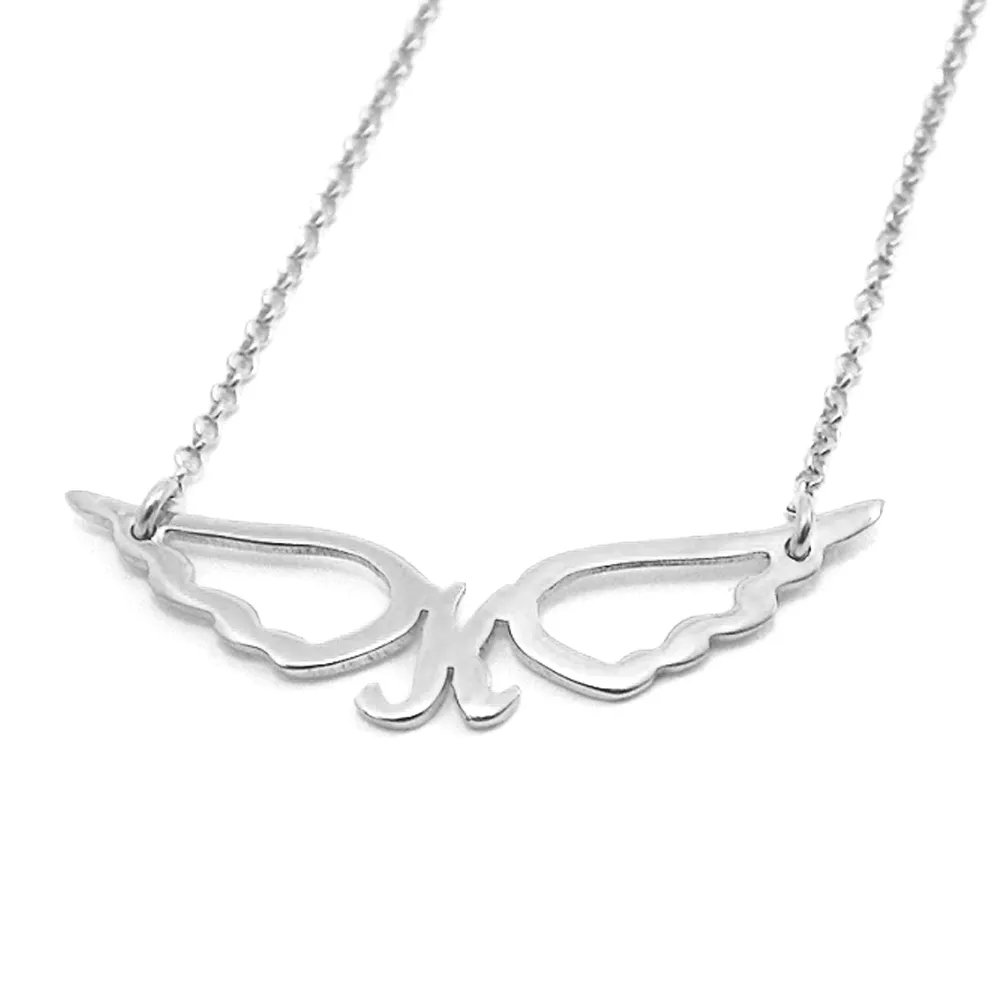 Sterling silver necklace with small monogram with wings platinum plated