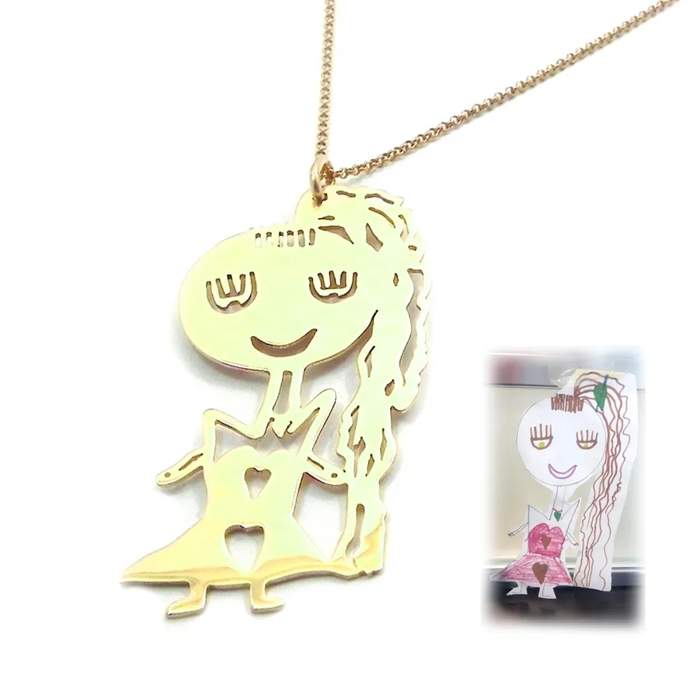 Silver gold plates necklace with your kids drawing Silver gold plates necklace with your kids drawing
