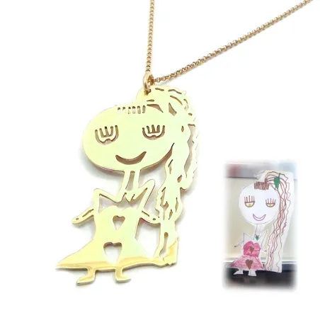 Silver gold plates necklace with your kids drawing